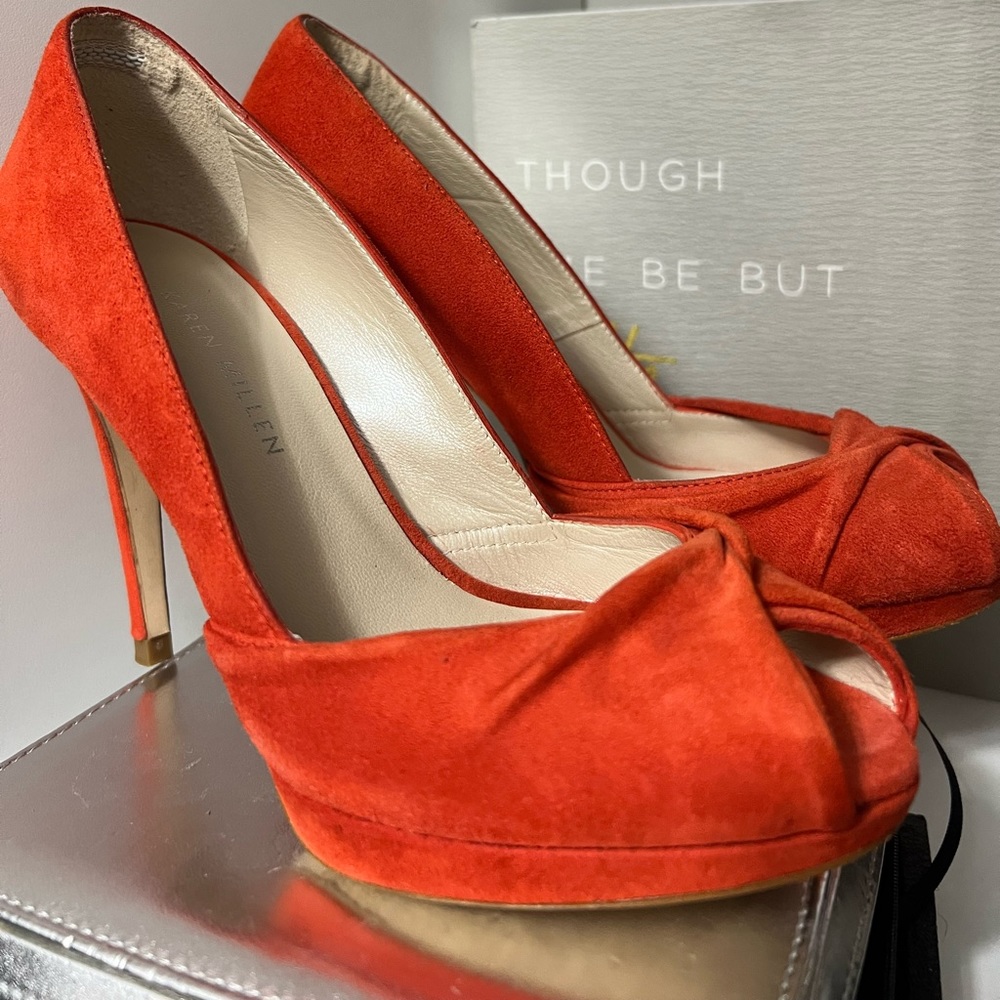 073. Karen Millen Red Orange Suede Peep Toe Heels
